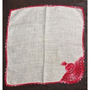Vintage White Linen Handkerchief With Red Crochet Trim & Lady Design 12x12 Inche